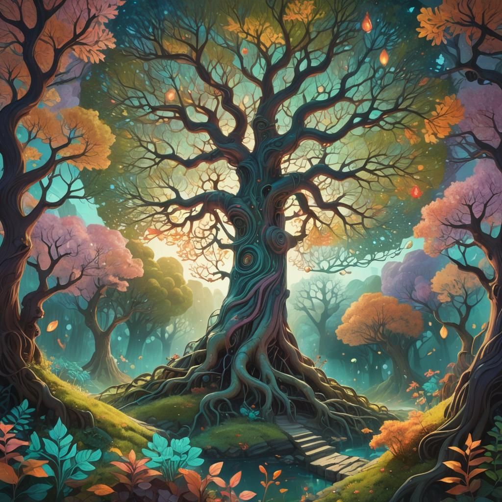 Iridescent Tree in Dreamlike Landscape, Shaun Tan Style
