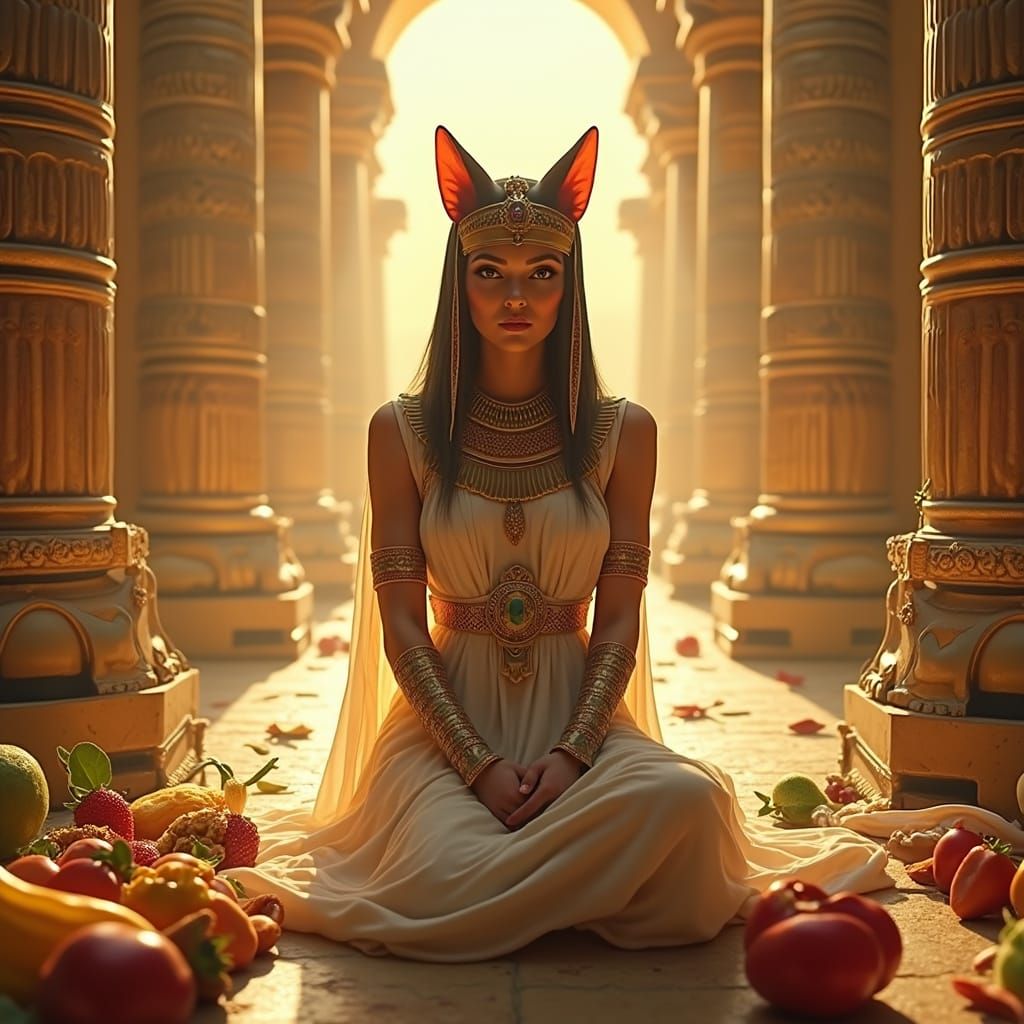 Egyptian Goddess Bastet in Temple with Food Offerings