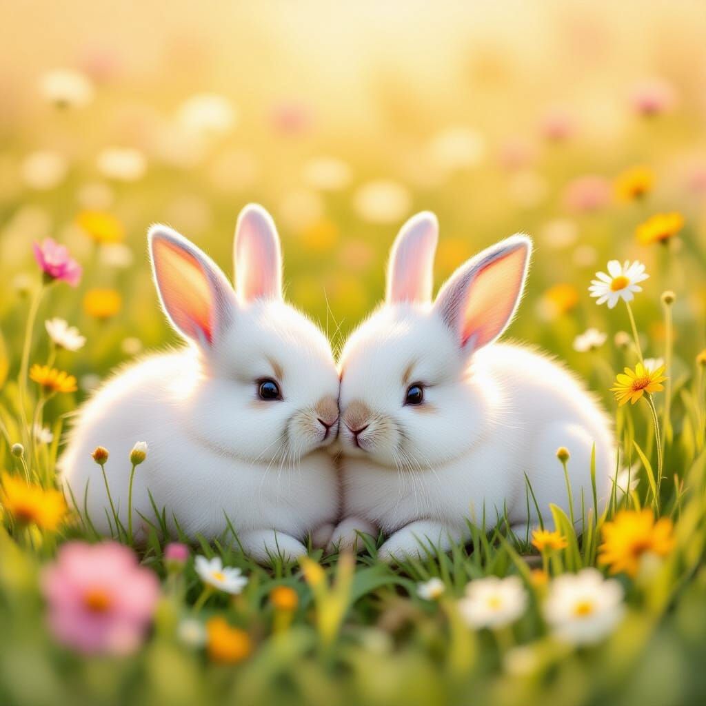 Two Fluffy Bunnies in a Sunlit Wildflower Meadow