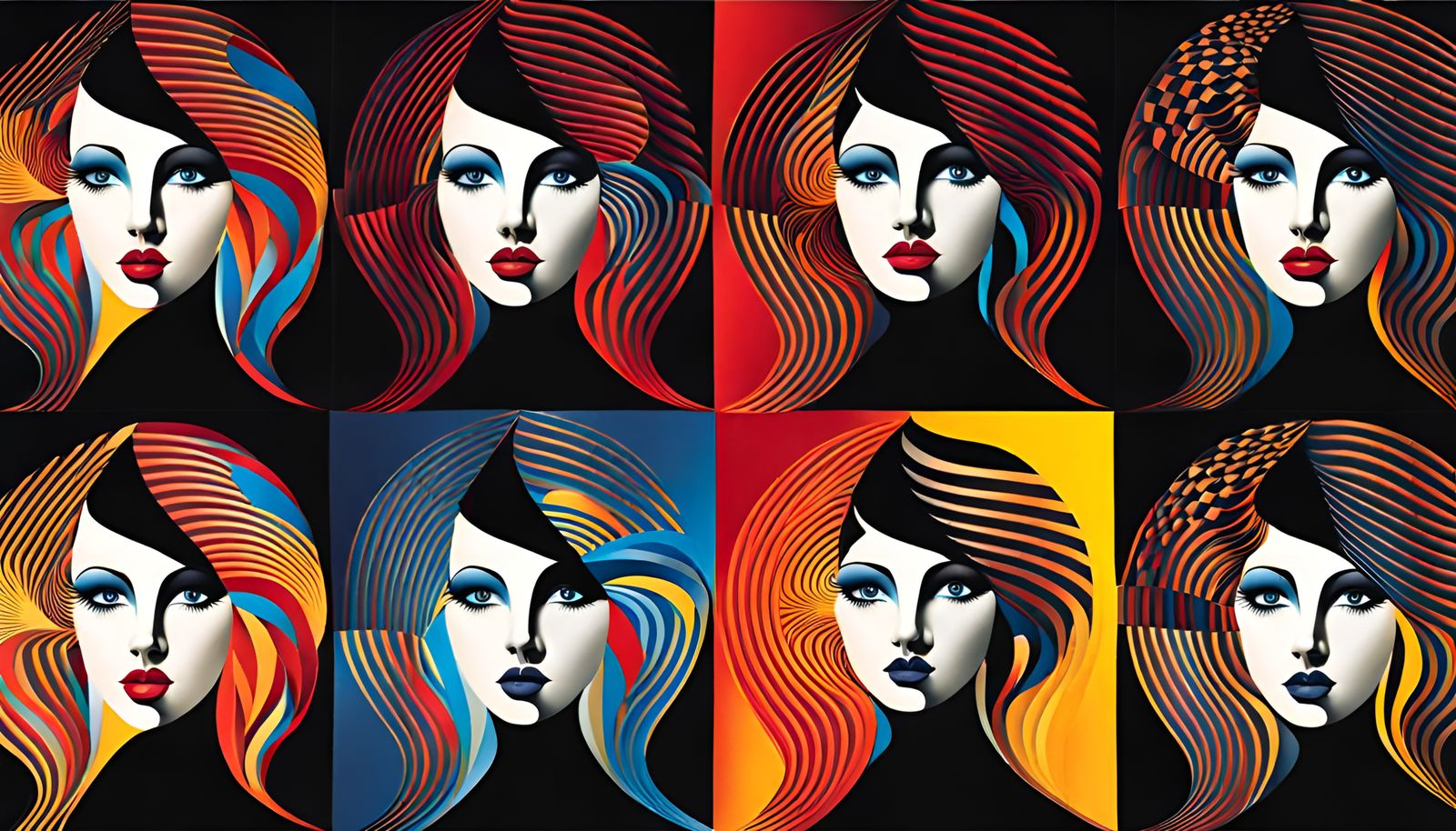 Fractal Face Optical Illusion in Pop Art Style