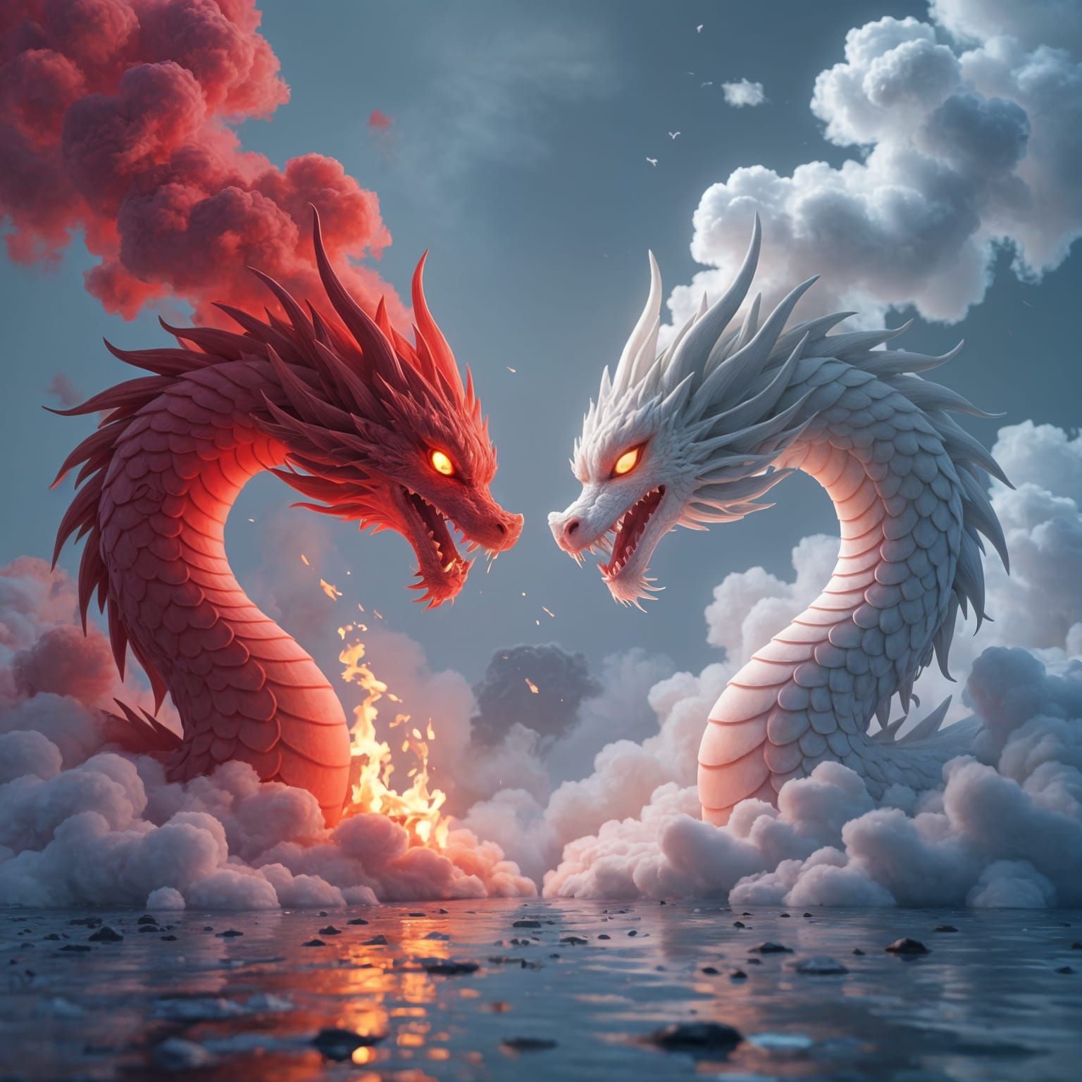Fiery Smoke Dragons Forming Heart: 3D Anime Art