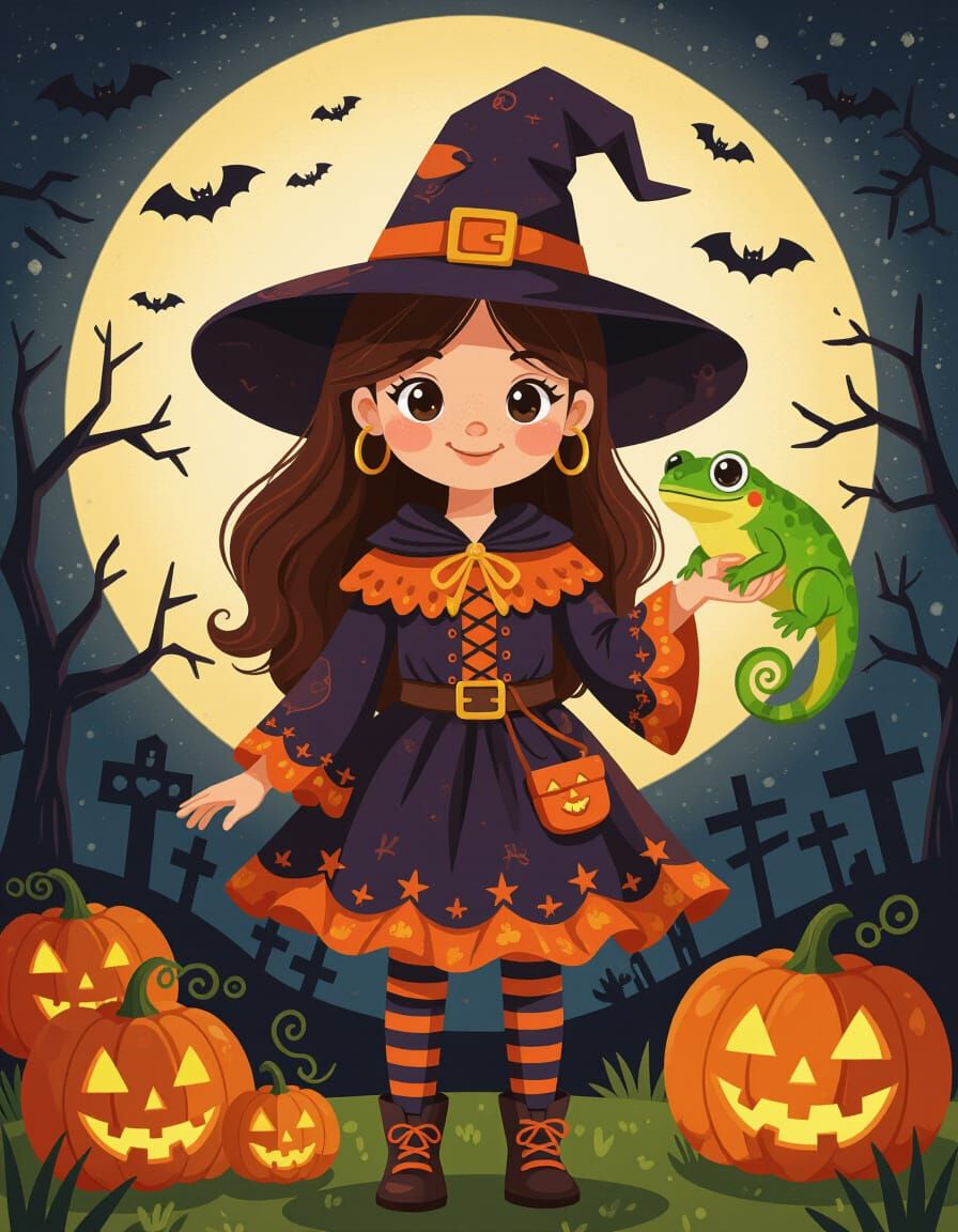 Cute Halloween Witch Holding a Newt