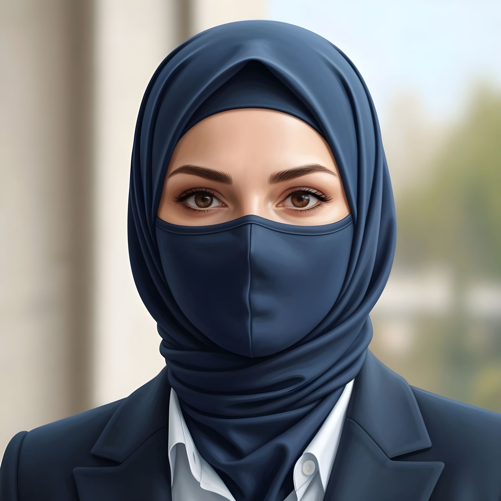 Confident Hijabi Businesswoman Portrait in Dark Blue