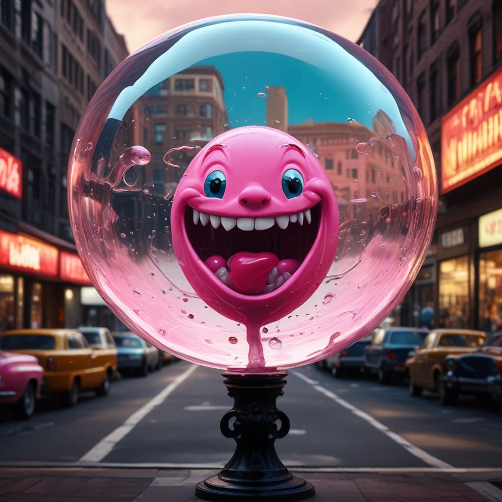 Vibrant Retro Cartoon Character Blows Giant Bubblegum Bubble