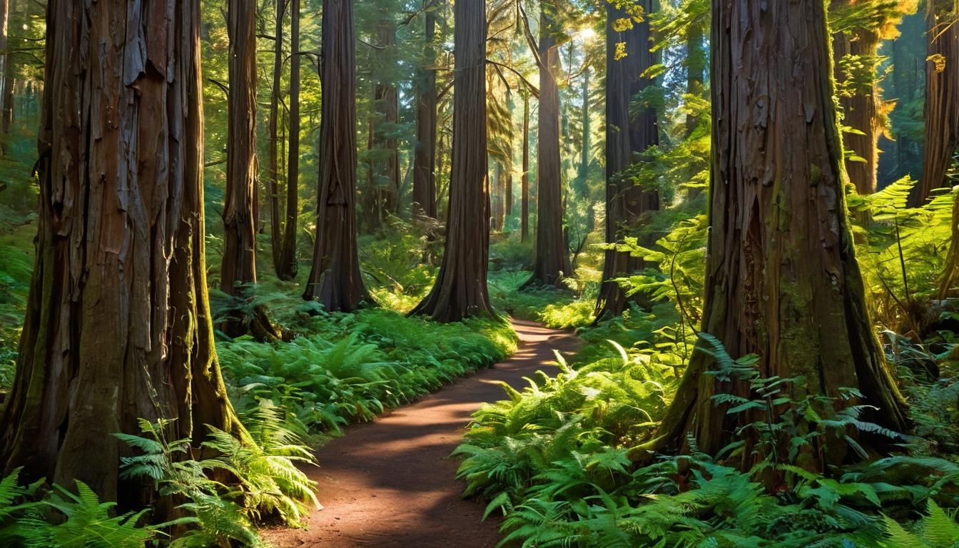 Sunlit Path Through Towering Redwood Forest