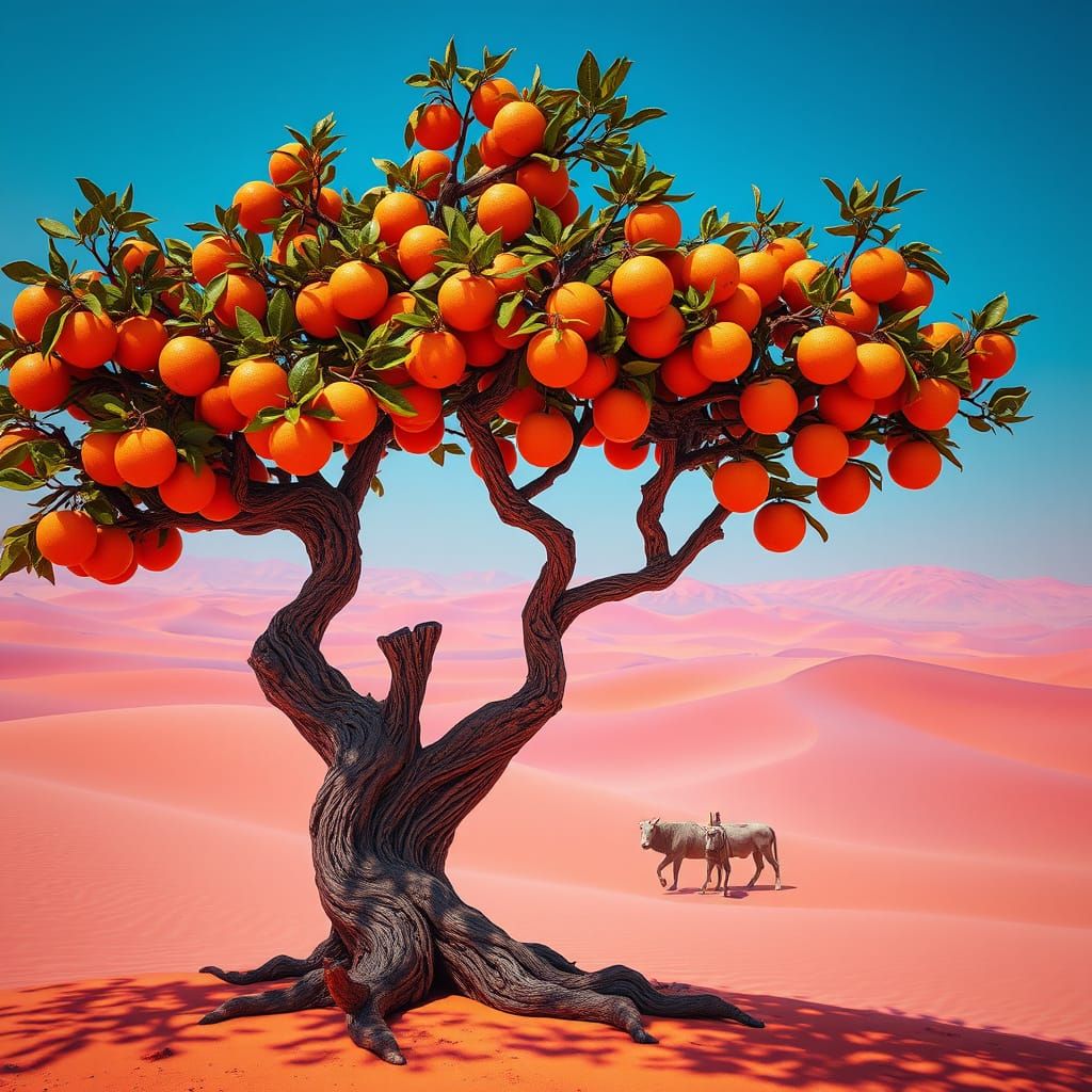 Vibrant Desert Oasis with Majestic Orange Tree in High-Fanta...