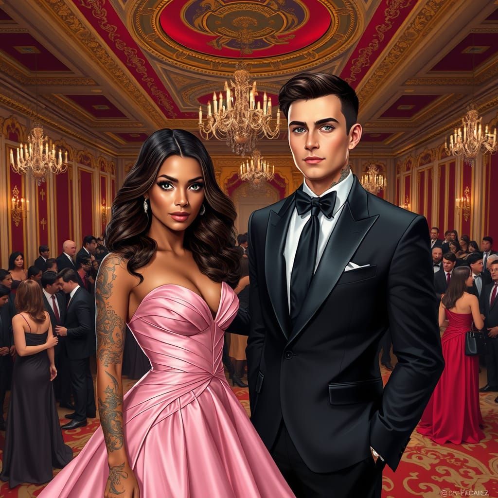 Stunning Couple in Grand Ballroom with Luxurious Accents