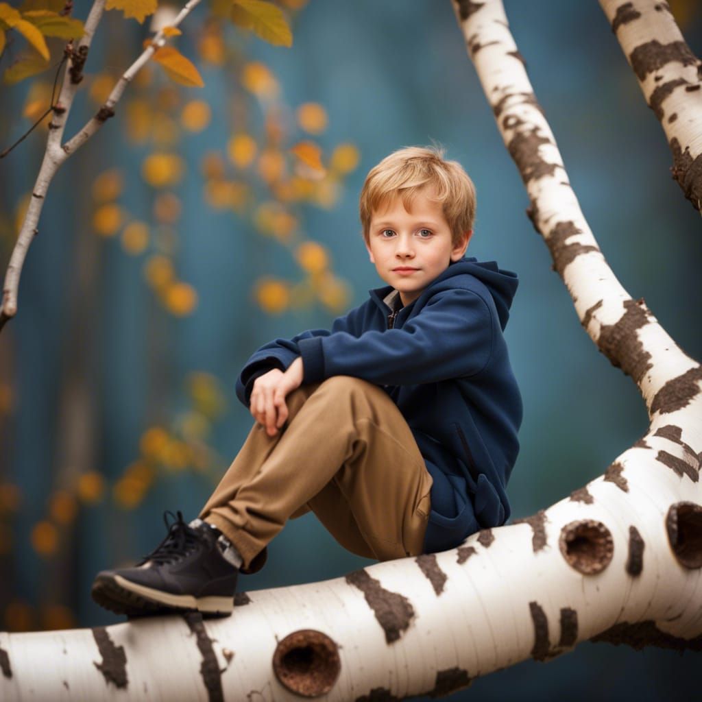 Boy on Birch Branch in Trompe l'oeil Style