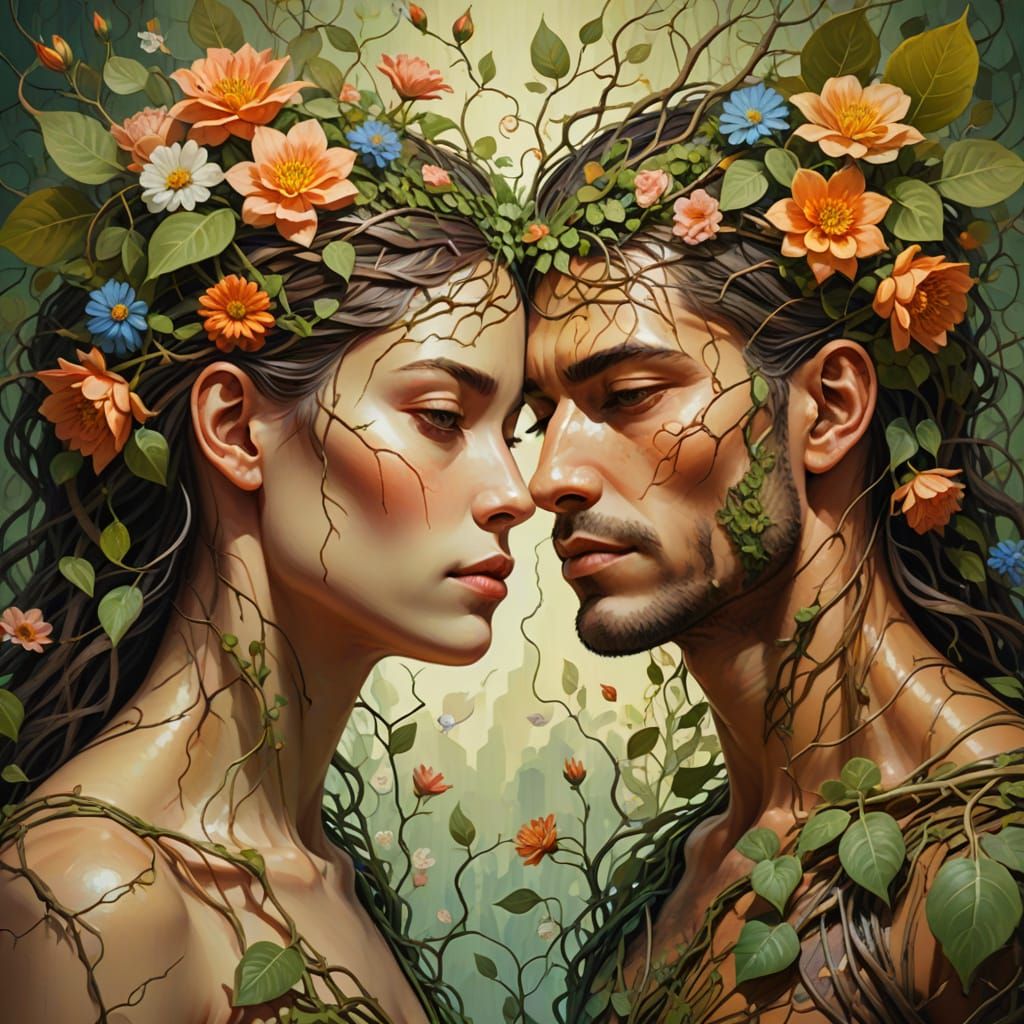 Surrealist Fusion of Male & Female Bodies with Blooming Flow...