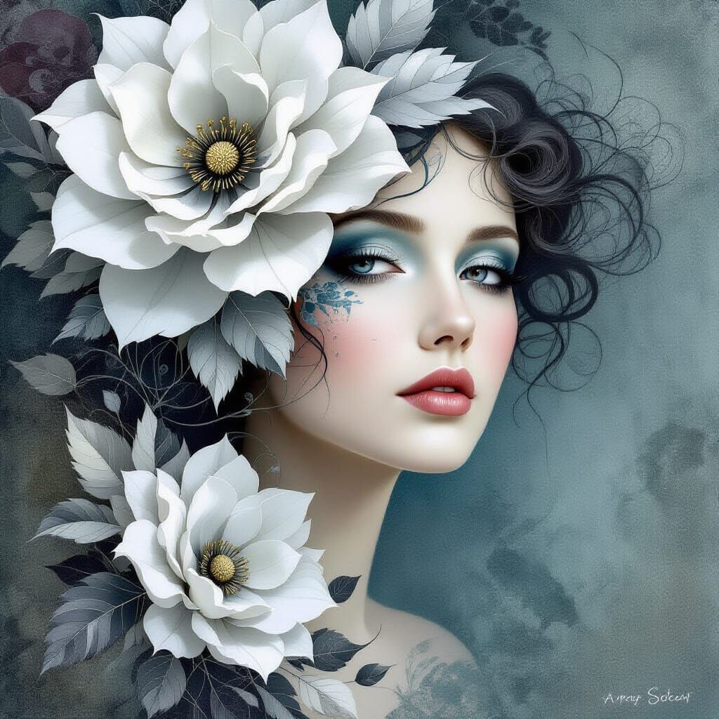Elegant Floral Portrait in Monochromatic Aquarelle Style