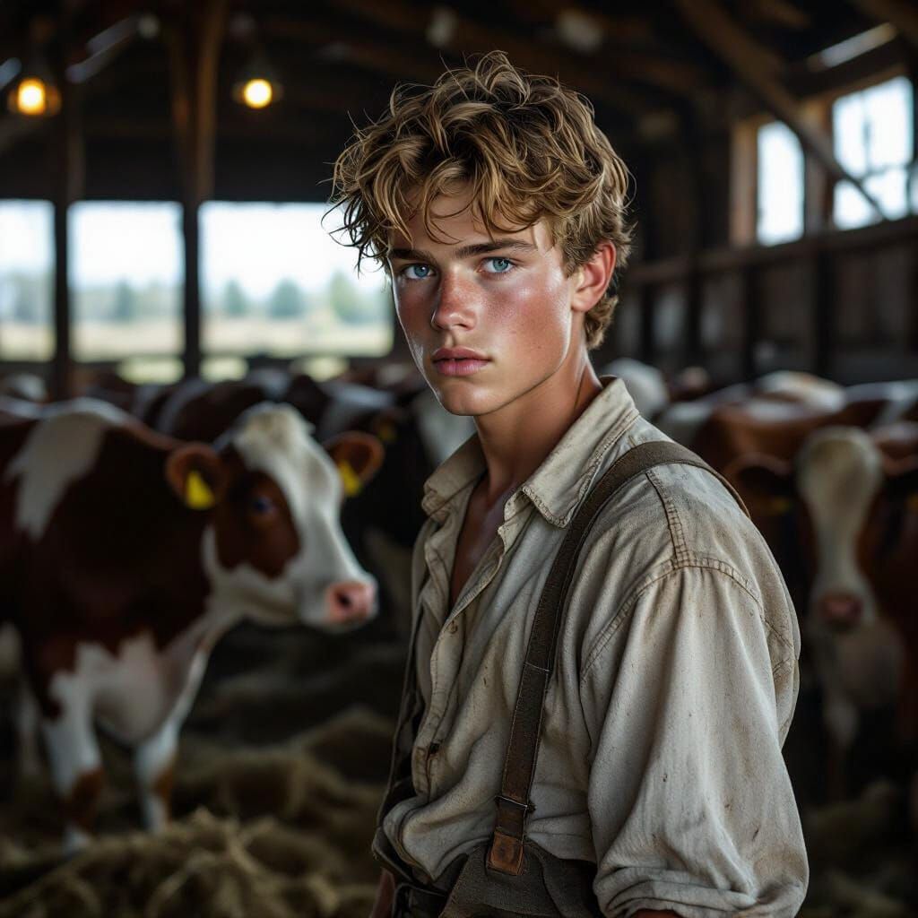 Farm Boy in Dim 1880s Barn with Milk Cows