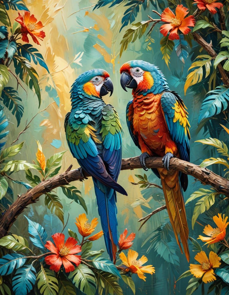 Vibrant Parrots in Amazonian Jungle, Neo Impressionist Maste...