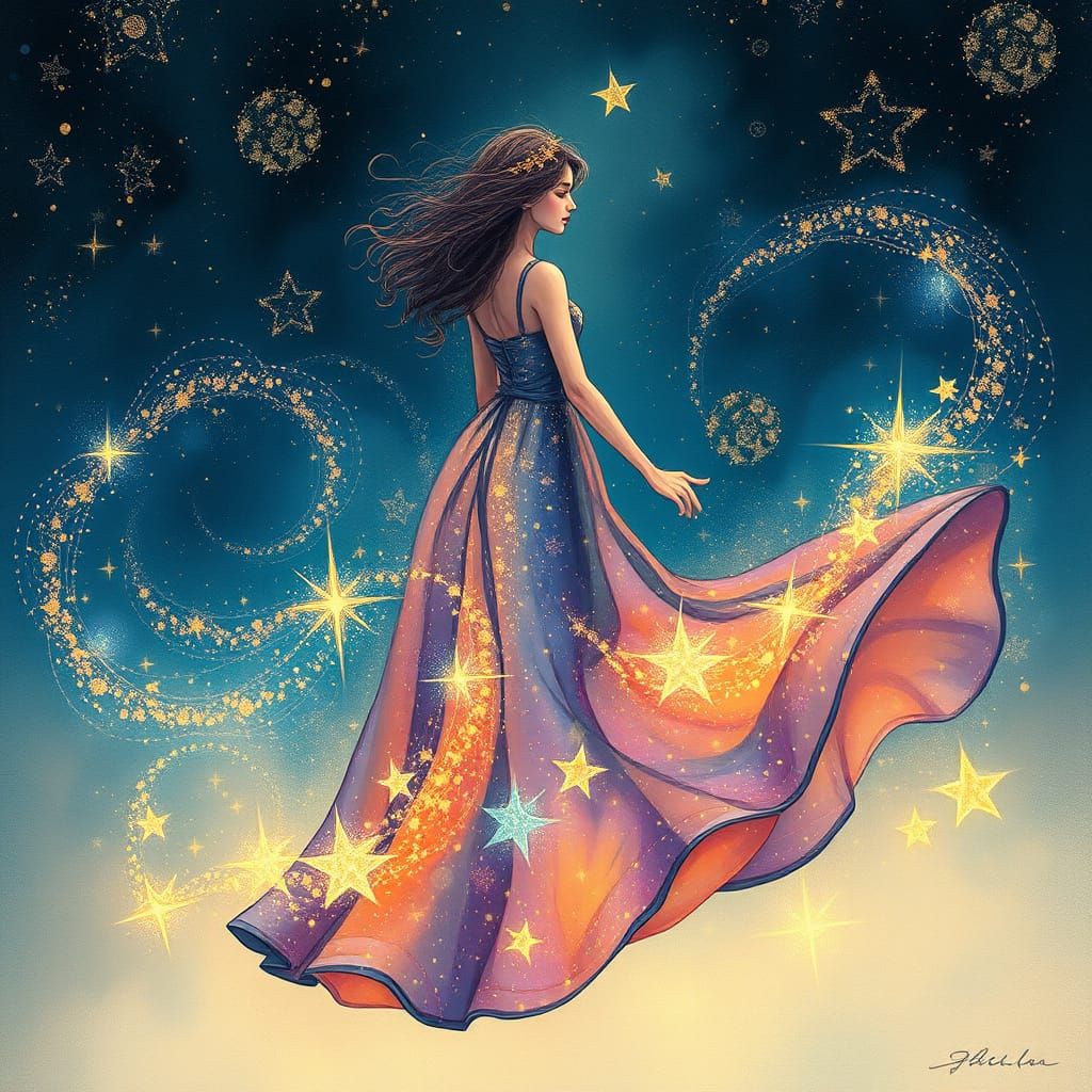 Celestial Woman in Stardust Dress: Dreamy Art