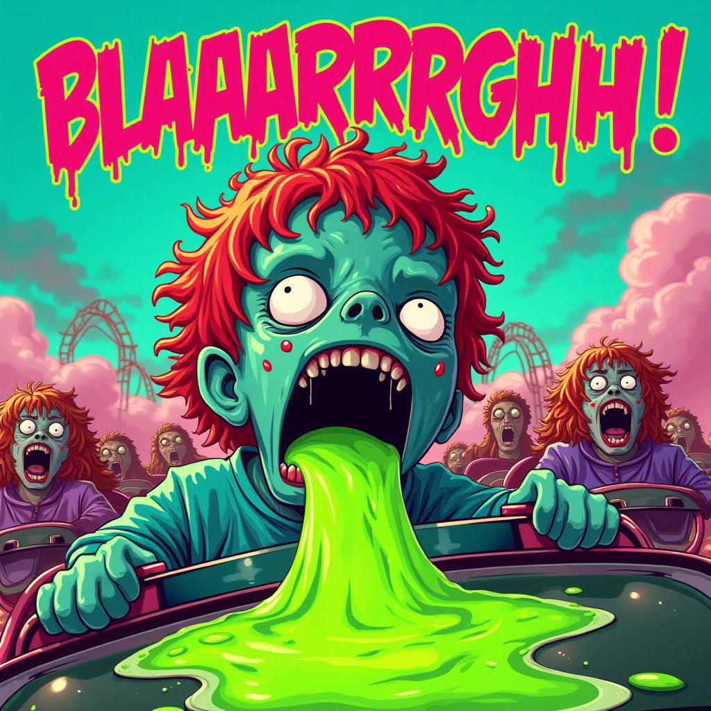 Zombie Kid Vomiting on Roller Coaster in 80s Style