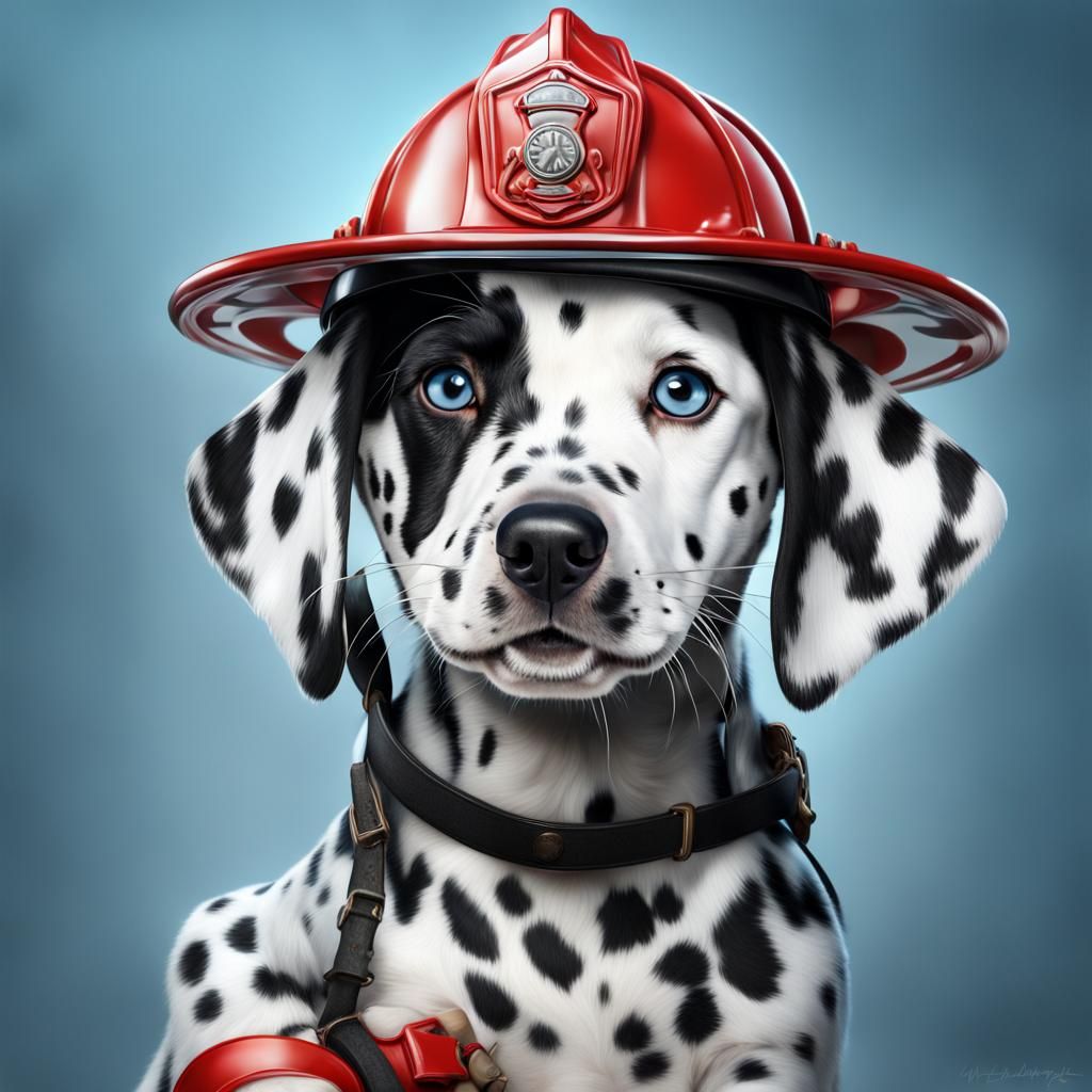 Dalmatian Puppy Firefighter Portrait in Detailed Matte Paint...
