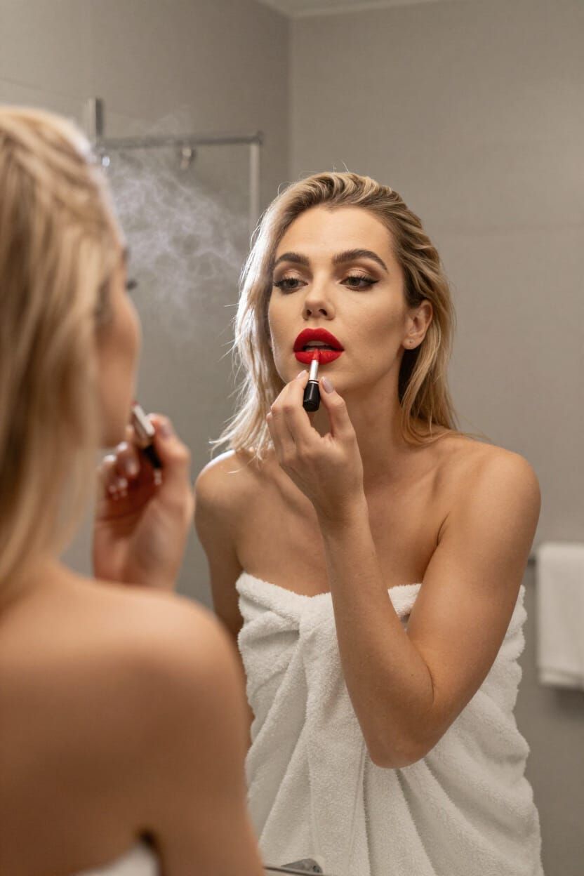 Woman Applying Red Lipstick in Steamy Bathroom Mirror