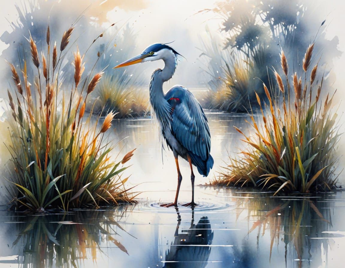 Heron in Misty Marsh: Watercolor Art