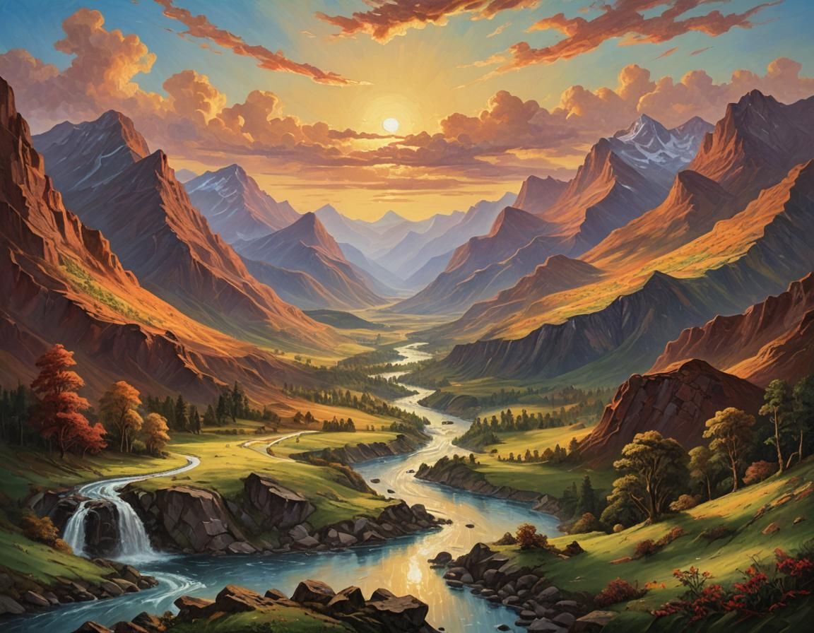 Sweeping Landscape Painting in Neo-Impressionist Style