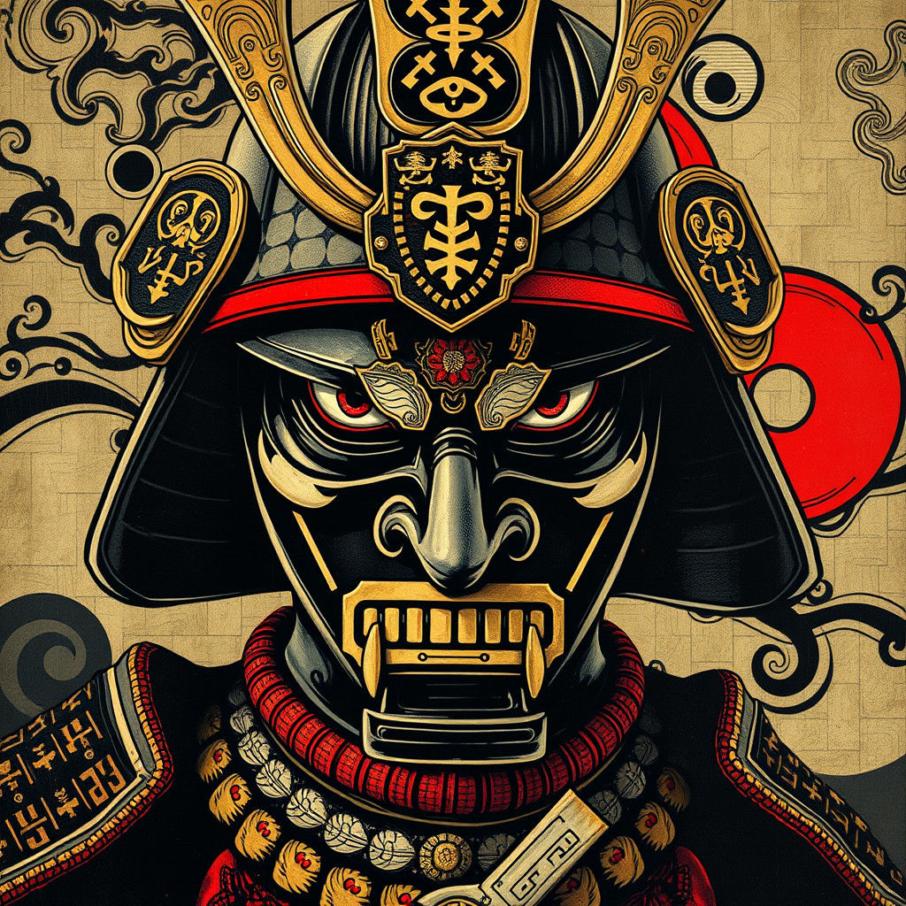 Samurai Face in Surreal Art Deco Armor