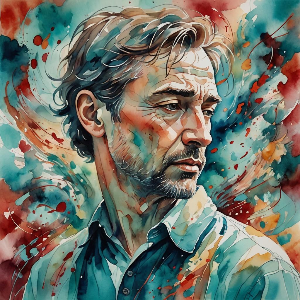 Ethereal Watercolor of Man Surrounded by Thoughts