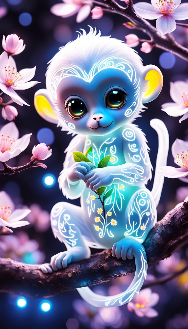 cuteness overload , neon glowing, fairy lights X-ray, contoured, surrealism, close up Chibi neon baby white monkey end...