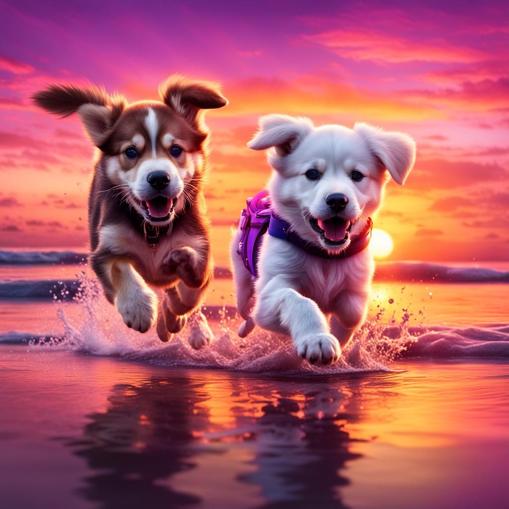 Golden Retriever and Husky Puppies Playing at Sunset