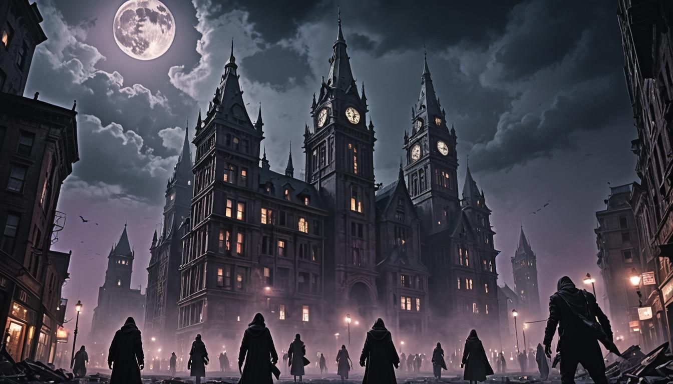 Gothic Horror Alien City Under Full Moon