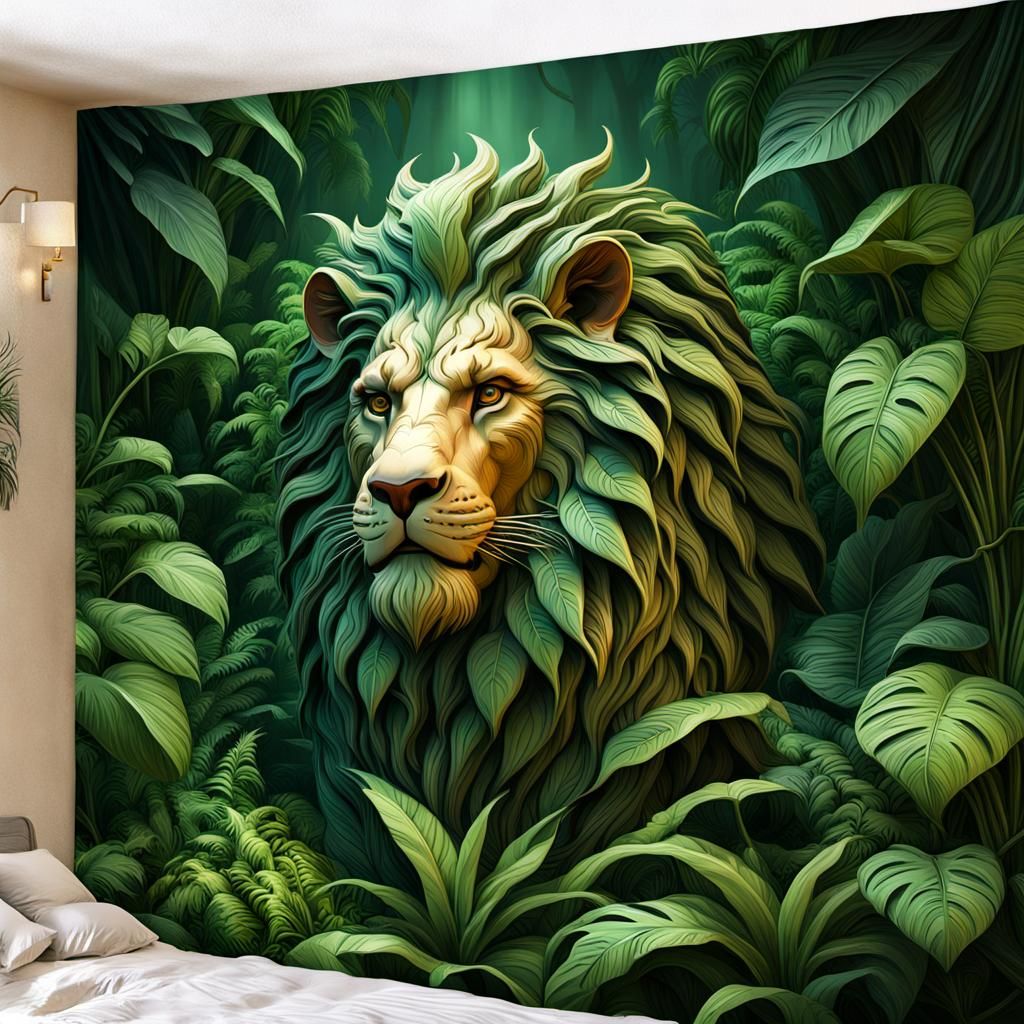 Jungle Lion Wood Carving with Green Tapestry