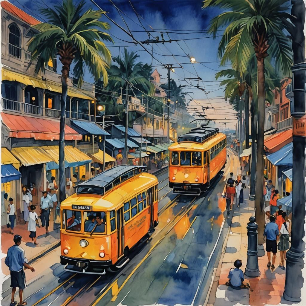 Kumquat Trolleys Under Indigo Fizzle: Impressionist Gouache ...