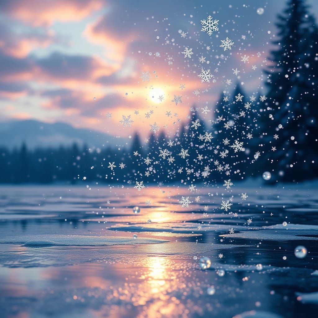 Snowflakes Dance on Frozen Lake in Hyperrealistic Style