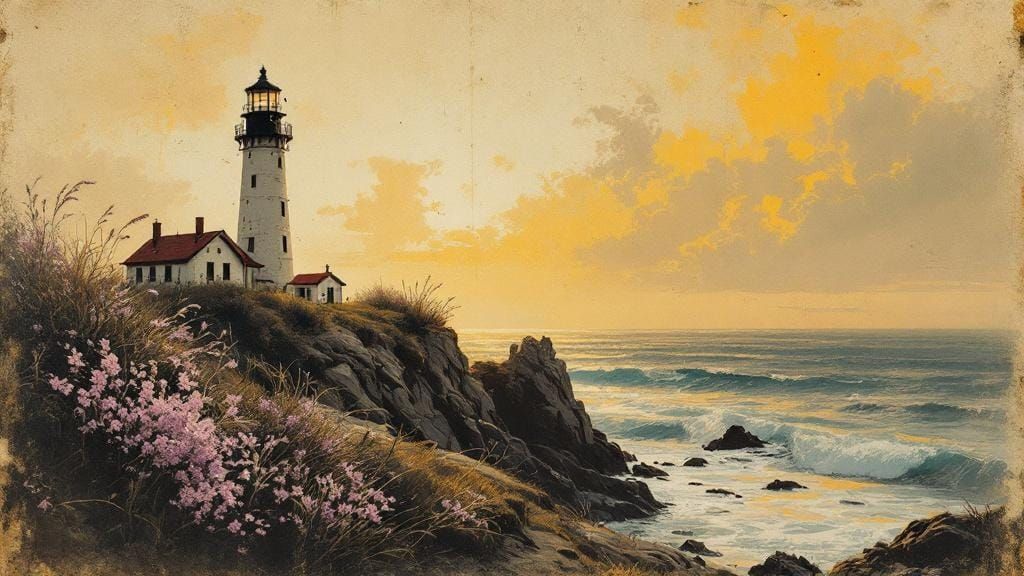 Lighthouse at Sunset in Distressed Monochromatic Style