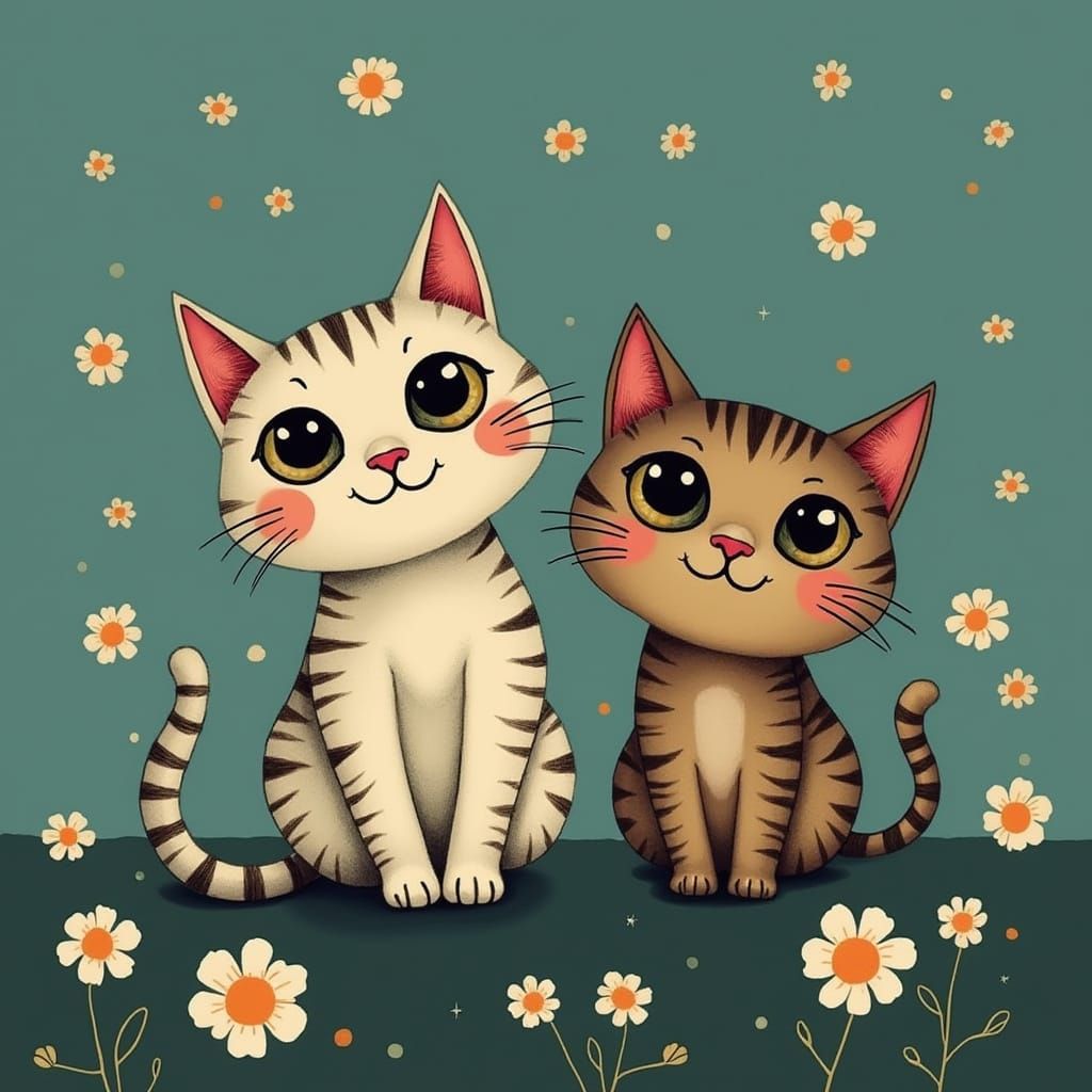 Two Happy Cats in Kawaii Style Illustration