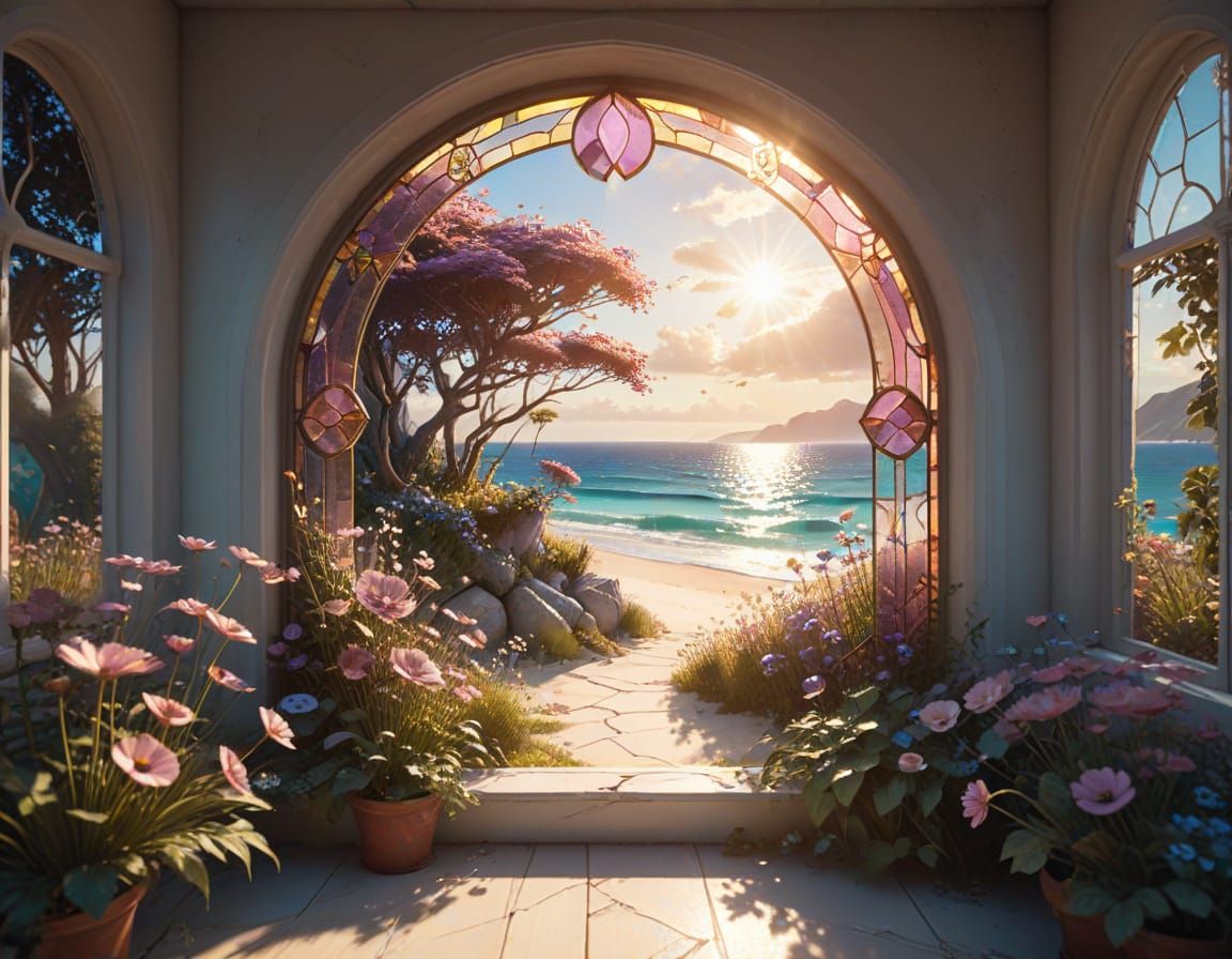 Whimsical Victorian Garden Oasis in Vibrant Watercolor Style