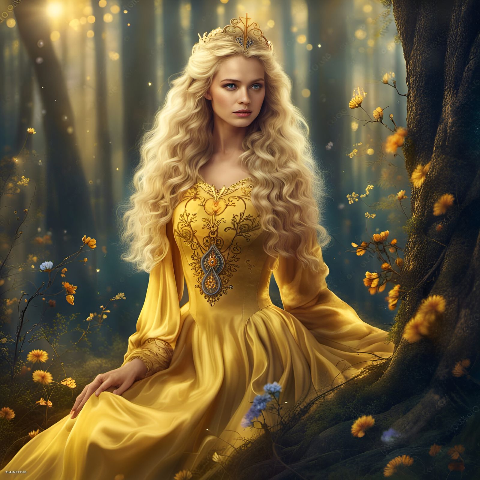 Princess in yellow gown and enchanted forest