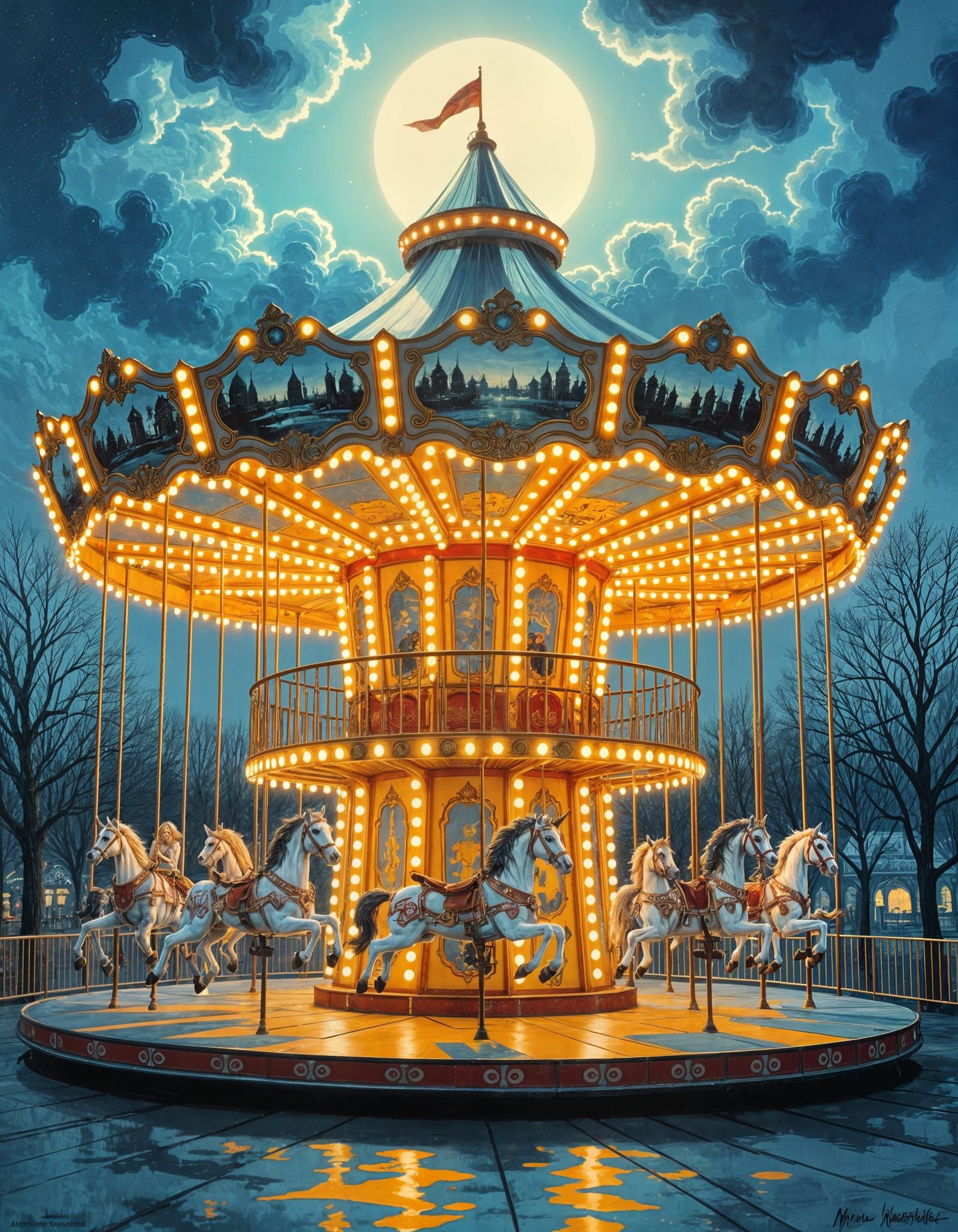 Glowing Carousel in Dark Amusement Park by Rutkowski Style