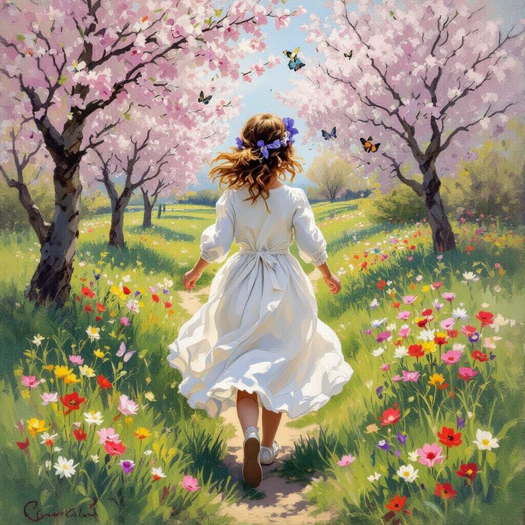 Girl in White Dress Running Through Meadow