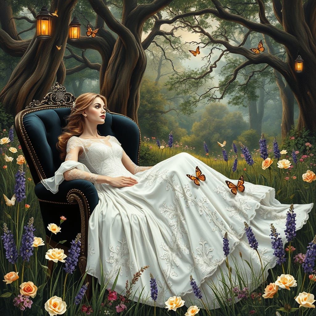 Ethereal Woman in a Whimsical English Garden Scene