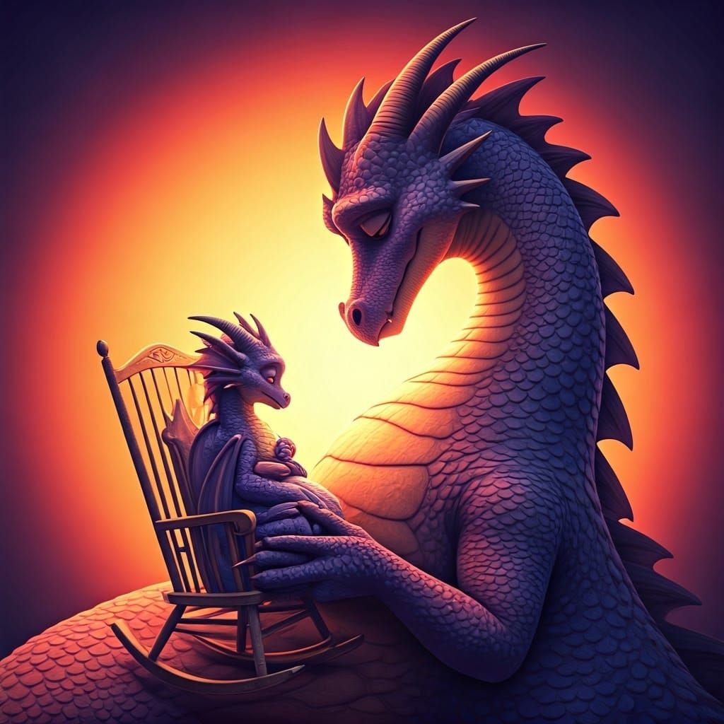 Loving Mother Dragon Rocks Tiny Daughter to Sleep in Vibrant...