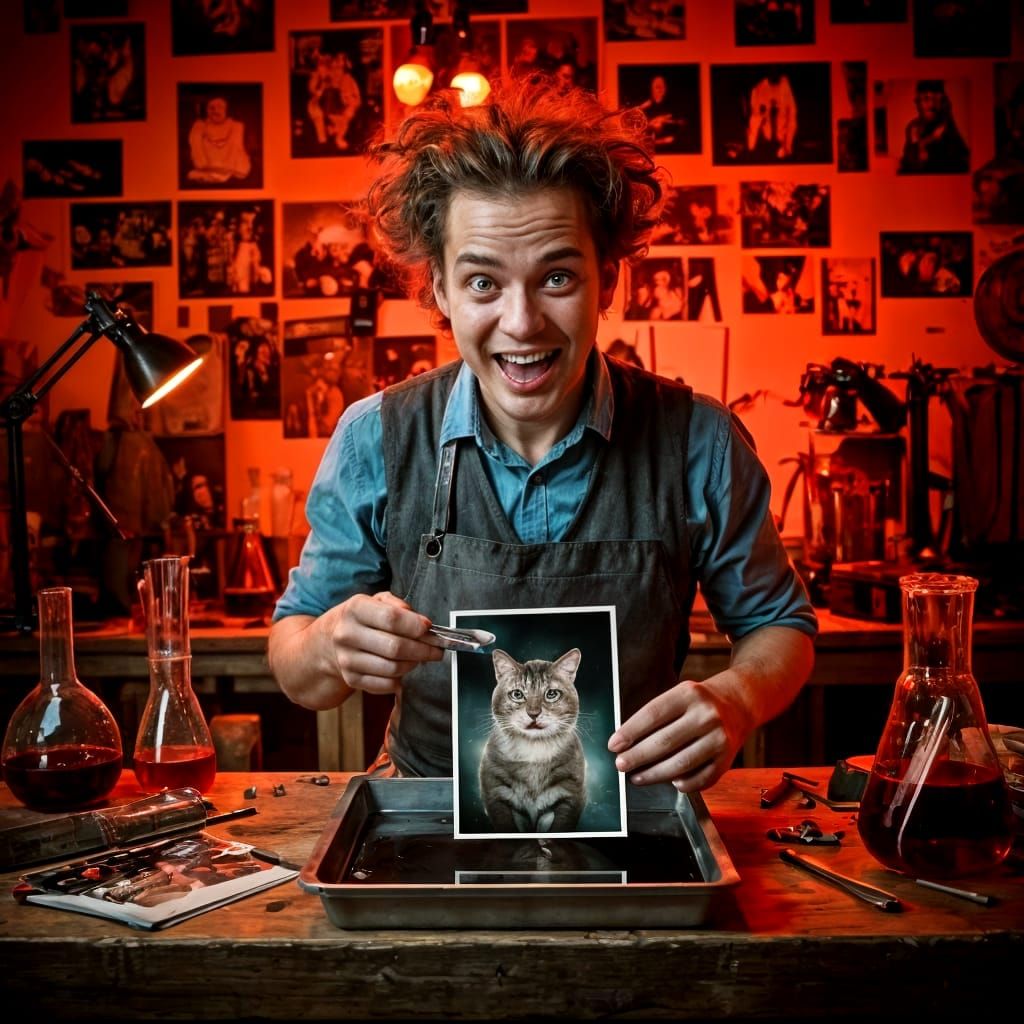 Manic Photographer Developing Cat Photo in Darkroom