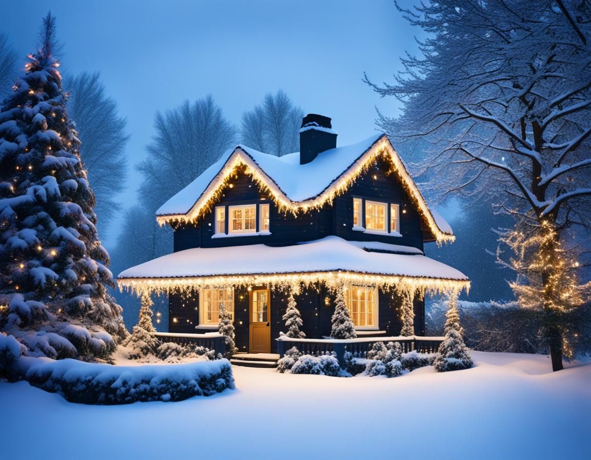 Christmas Tree House Aglow with Festive Lights