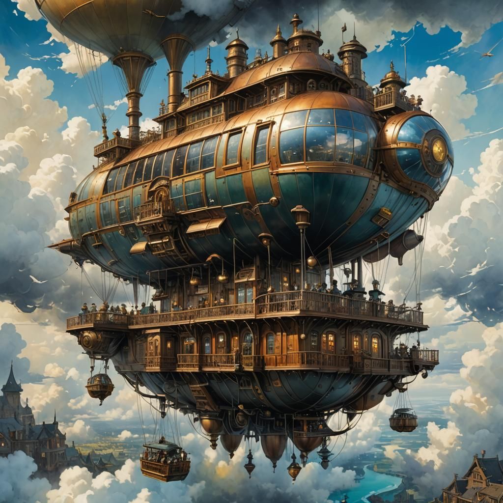 Steampunk Dirigible Mansion in the Clouds Watercolor