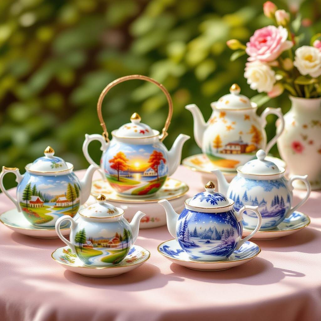 Magical Teapots Displaying Worlds of Spring, Summer, Autumn,...