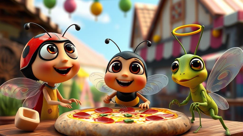 Angelic Bugs Enjoy Pizza: 3D Pixar Animation