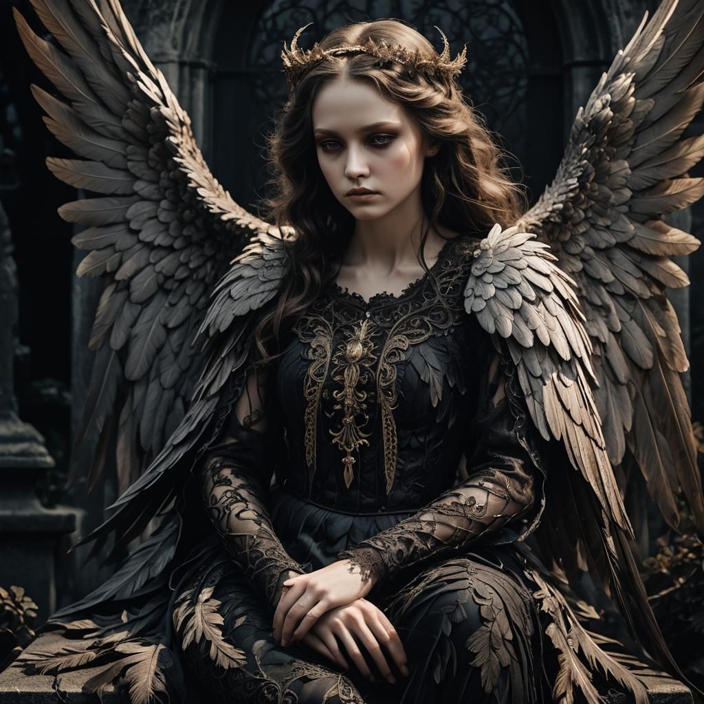 Melancholic Angel with Black Wings in Dark Surrealism