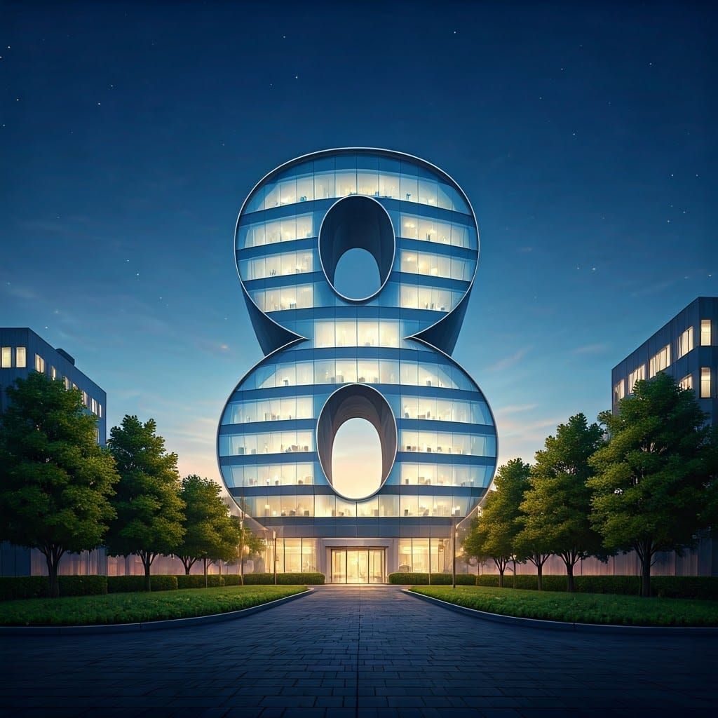 Intricate 8-Shaped Office Building at Night