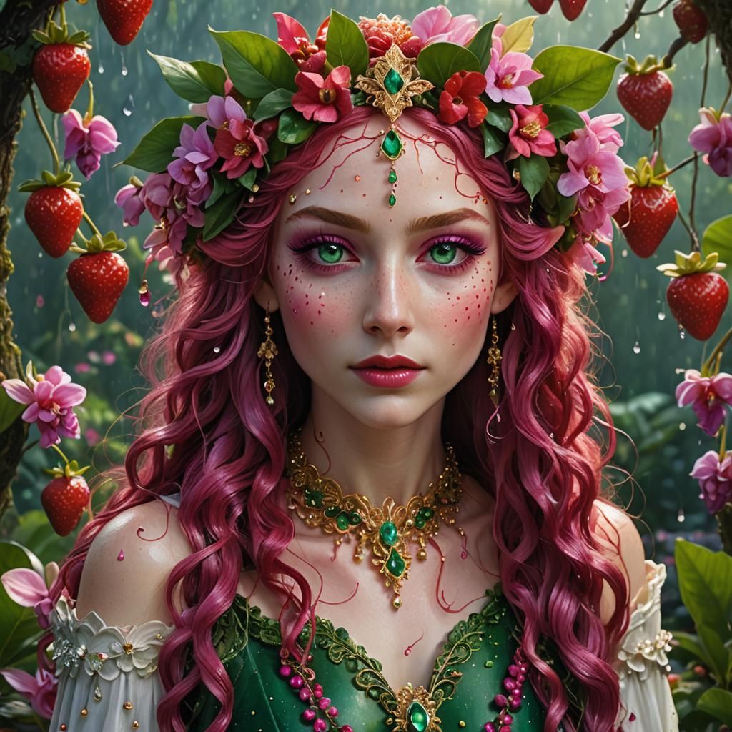 Elven Girl with Floral Crown in Strawberry Field
