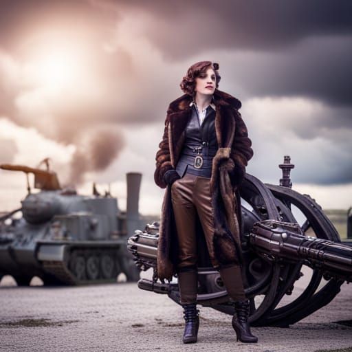 Steampunk Woman in Military Uniform by Tank