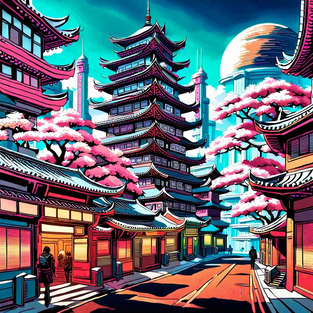 Cyberpunk Cityscape with Retro Oriental Elements