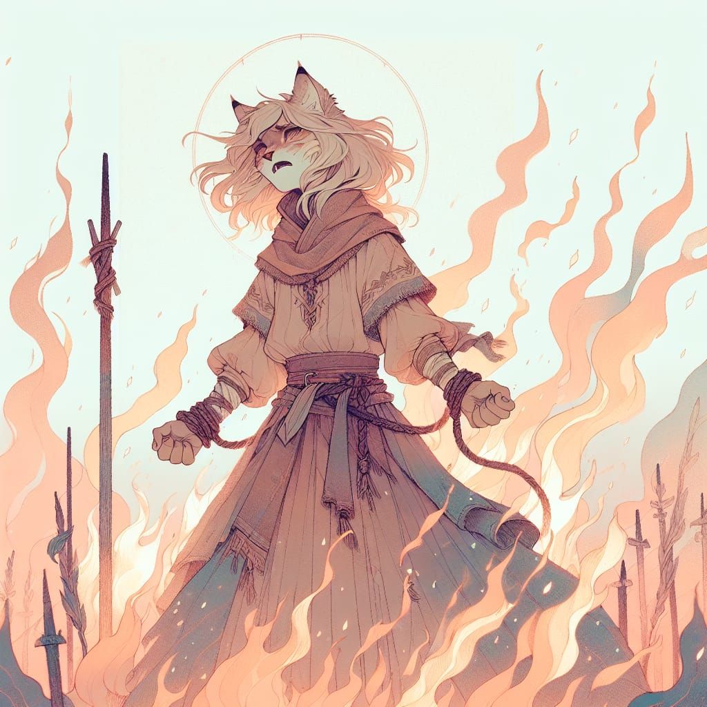 A Lynx Witch Endures Flames in a Dreamy, Pastel Fantasy Scen...