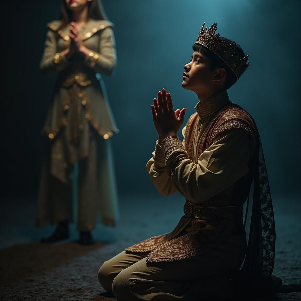 Prince Kneeling in Prayer: Cinematic Film Still